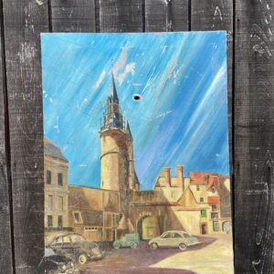 Voitures anciennes, huile sur toile, vers 1950