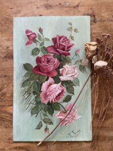 Roses, peinture sur panneau, R.Roziers