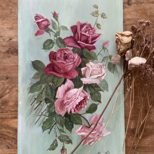 Roses, peinture sur panneau, R.Roziers