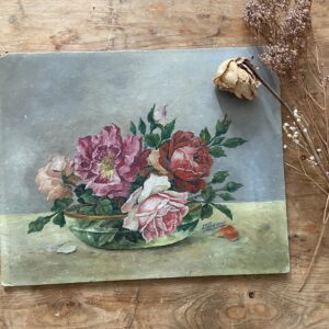 Nature morte, roses, huile sur carton