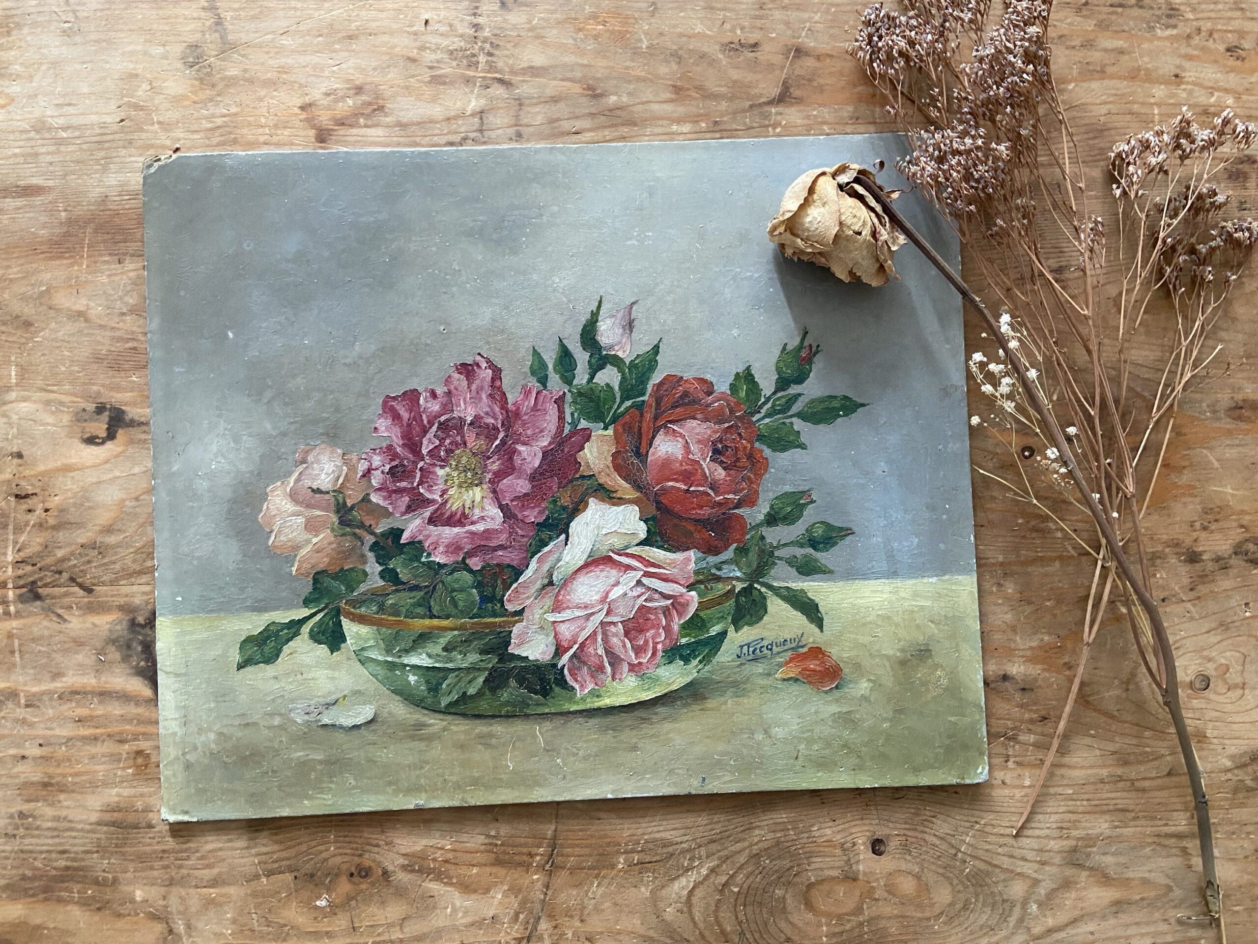 Nature morte, roses, huile sur carton